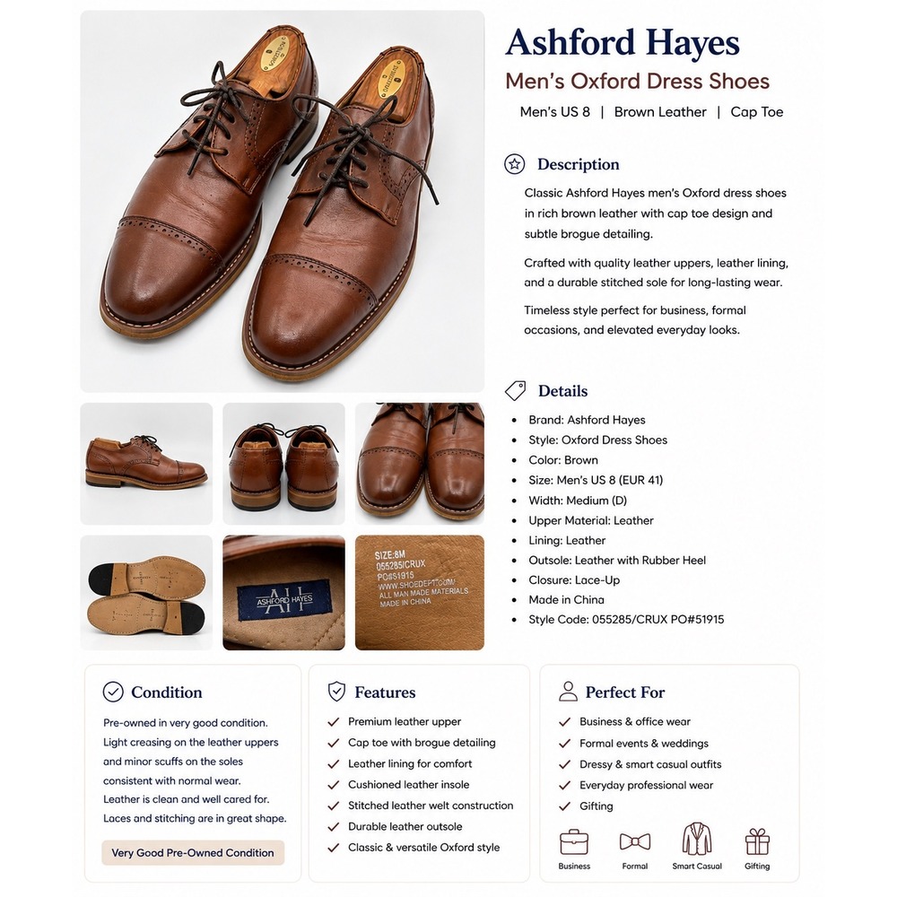 Ashford Hayes Mens Brown Cap Toe Oxford Dress Shoes 055285/CRUX Size 8M